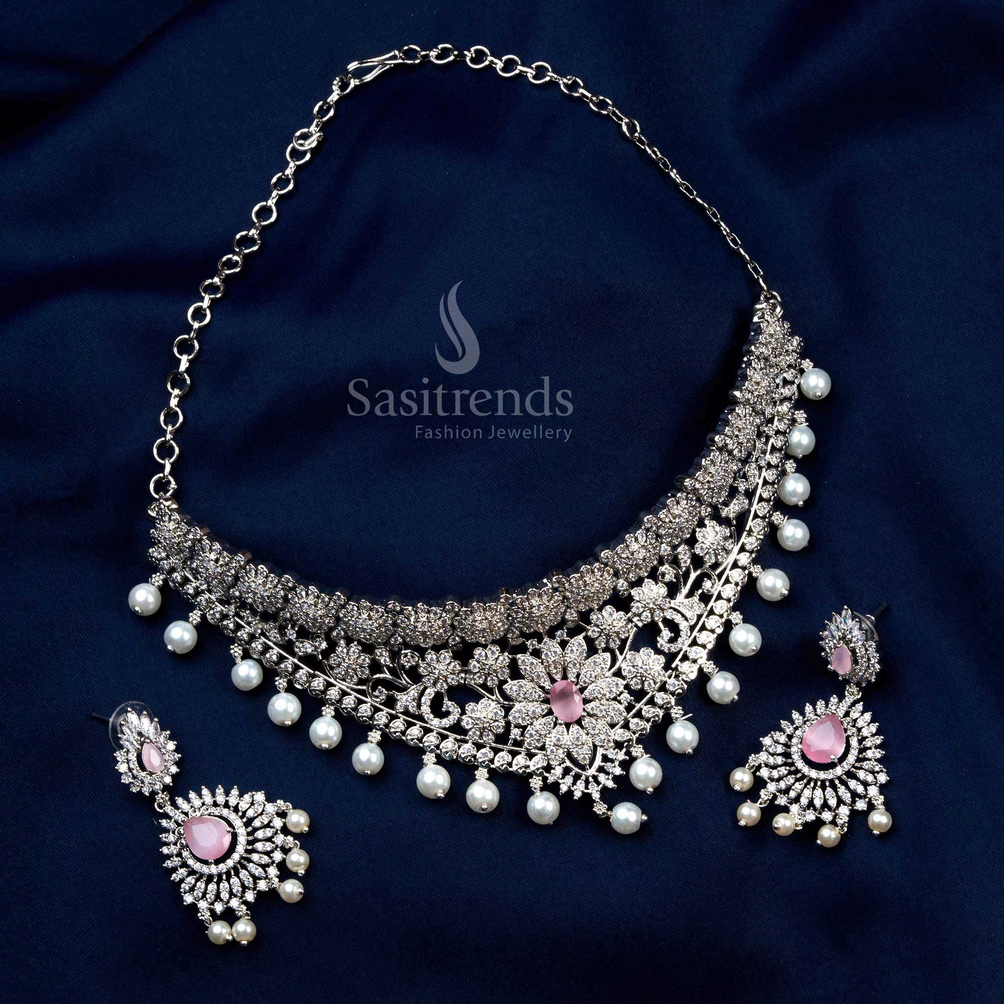 Rhodium Silver Plated Wedding Choker Necklace Set with Pink Stones, American Diamonds, and Pearl Drops - Gorgeous Floral Design