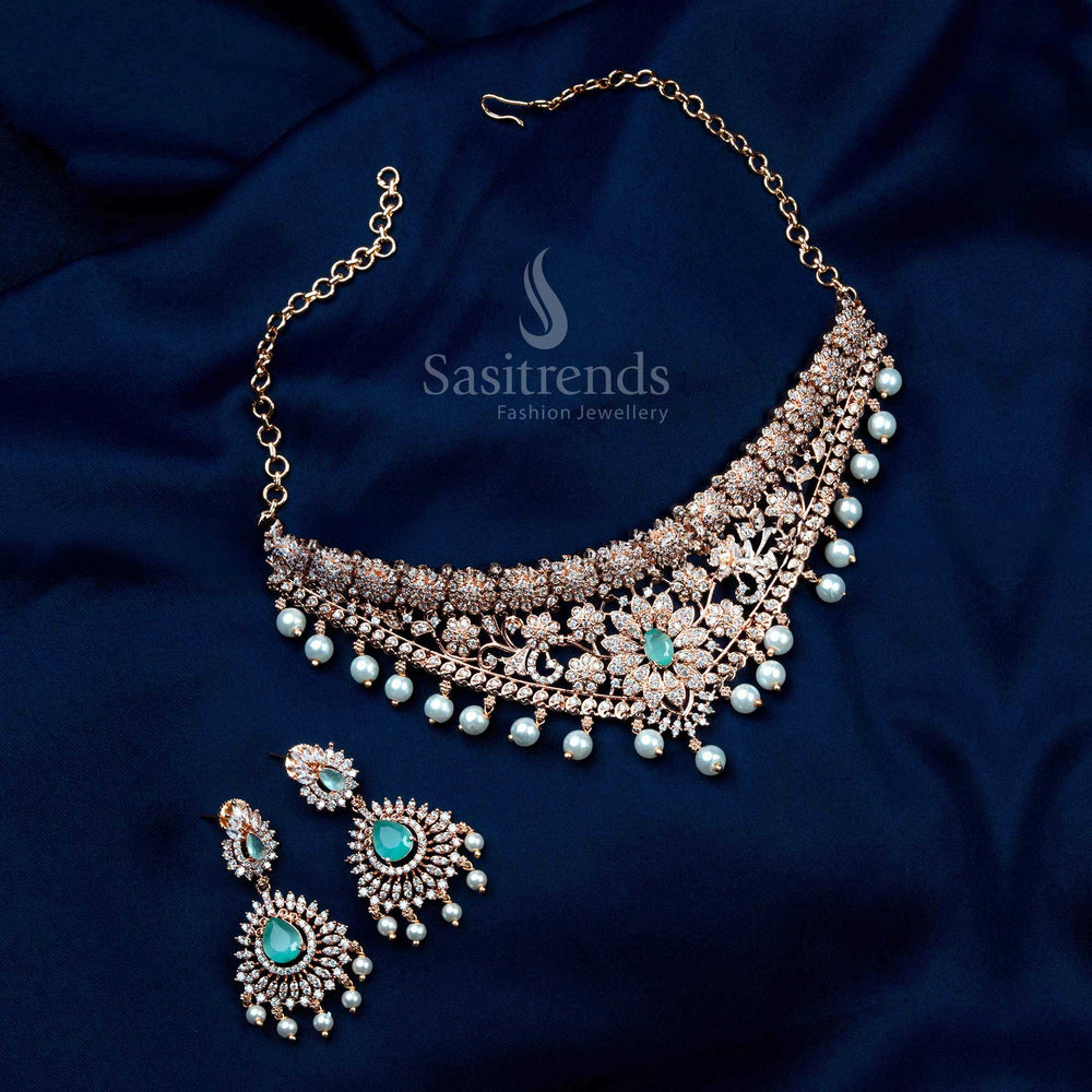 Rose Gold Plated Wedding Choker Necklace Set with Mint Stones, American Diamonds, and Pearl Drops - Sasitrends