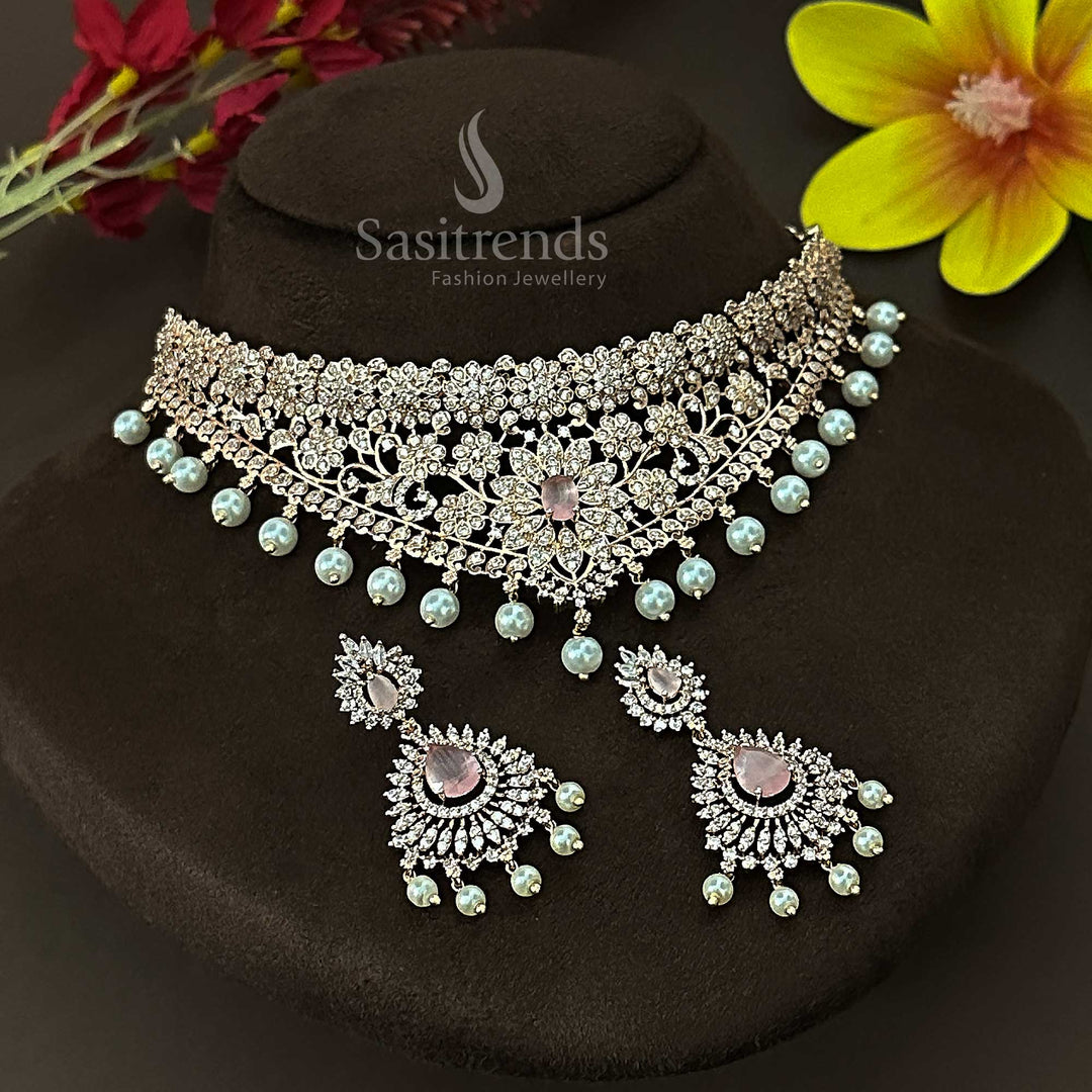 Romantic pink rose gold plated choker jewellery set embellished with American diamonds and pearl drops, ideal for a glamorous bridal look – Sasitrends