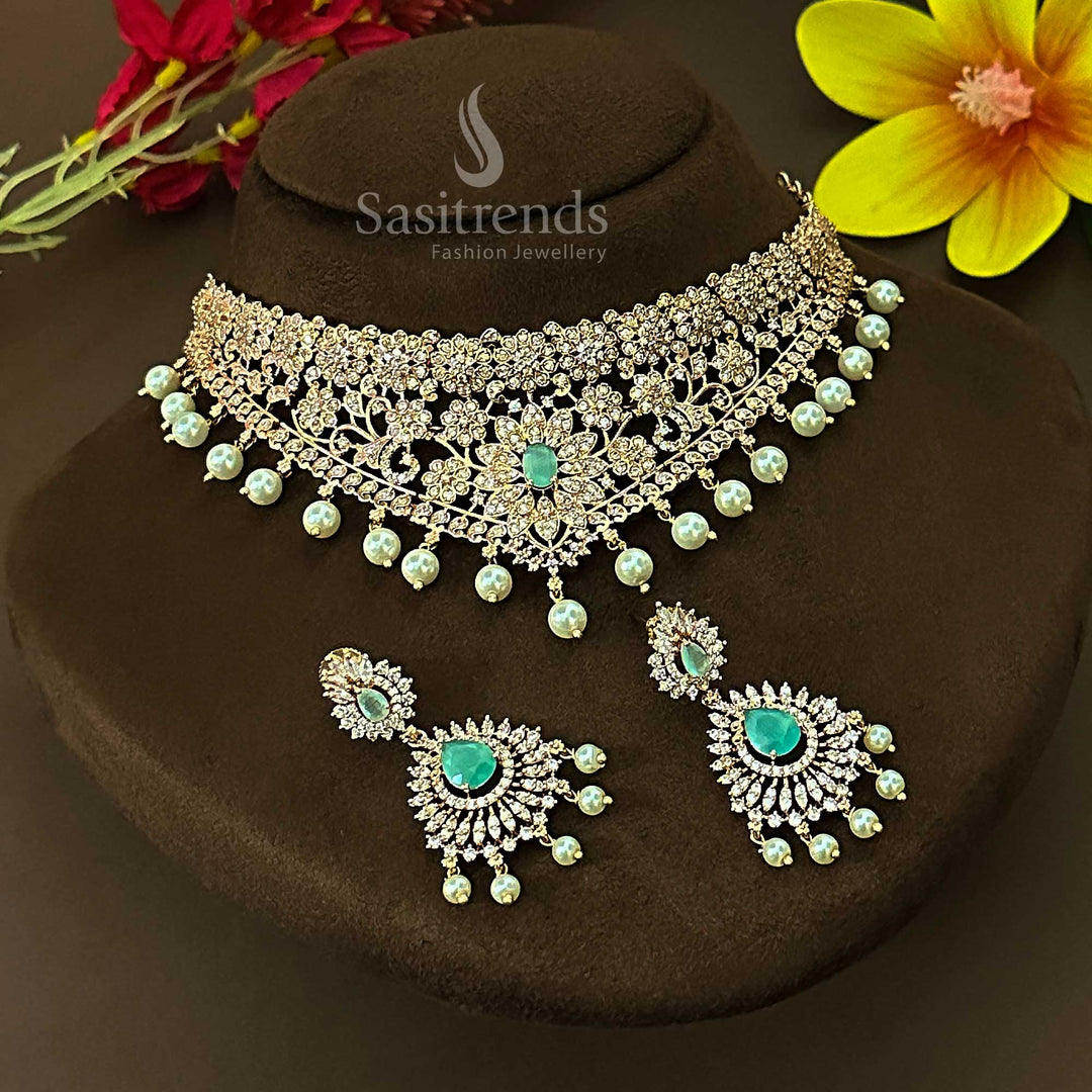 Rose Gold Plated Wedding Choker Necklace Set with Pearl Drops AD