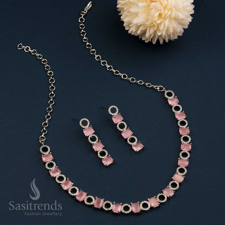 Elegant Rhodium Silver Plated American Diamond Jewellery Set With Pink Stones For Festive And Wedding Occasions – Sasitrends