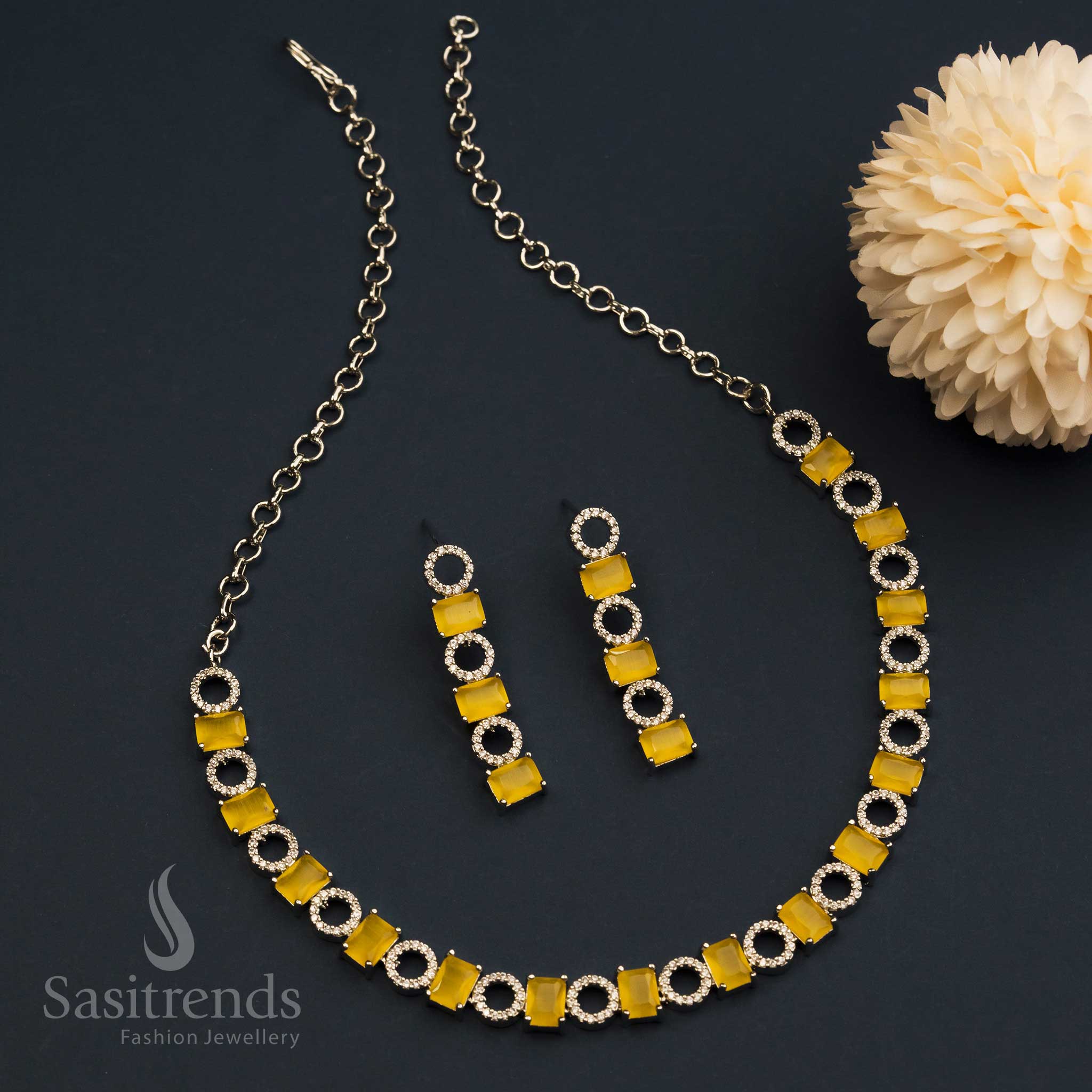 Chic Rhodium Silver Finish American Diamond Jewellery Set With LCD Yellow Crystals For Stunning Ethnic Looks – Sasitrends