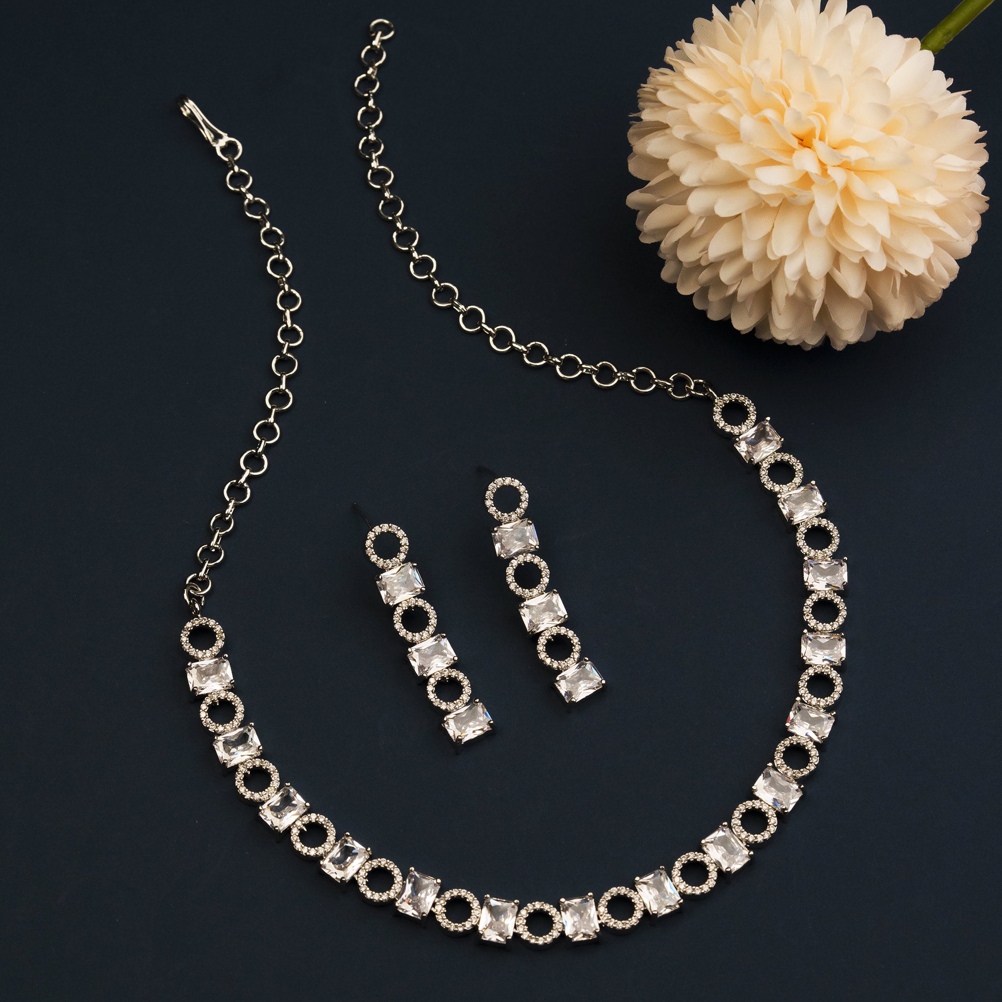Elegant Rhodium Silver Finish American Diamond Jewellery Set With Sparkling White Crystals For Party Wear – Sasitrends