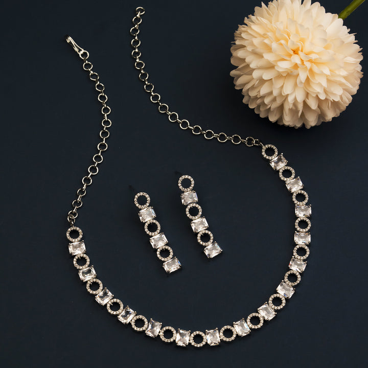 Elegant Rhodium Silver Finish American Diamond Jewellery Set With Sparkling White Crystals For Party Wear – Sasitrends