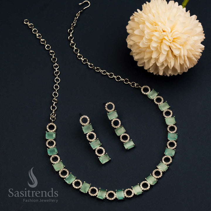 Premium Rhodium Silver Plated American Diamond Jewellery Set With Mint Stones For Modern And Trendy Party Wear – Sasitrends