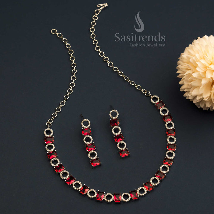 Gorgeous Rhodium Silver Plated American Diamond Jewellery Set With Red Stones For Wedding And Festive Collections – Sasitrends