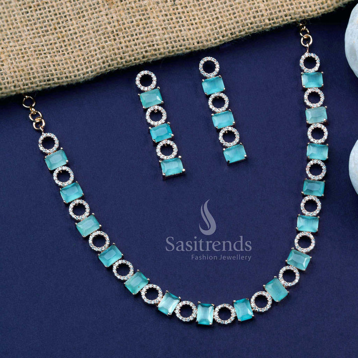 Mint rose gold plated party jewellery set with shimmering American diamonds, radiating cool feminine charm for celebration evenings – Sasitrends