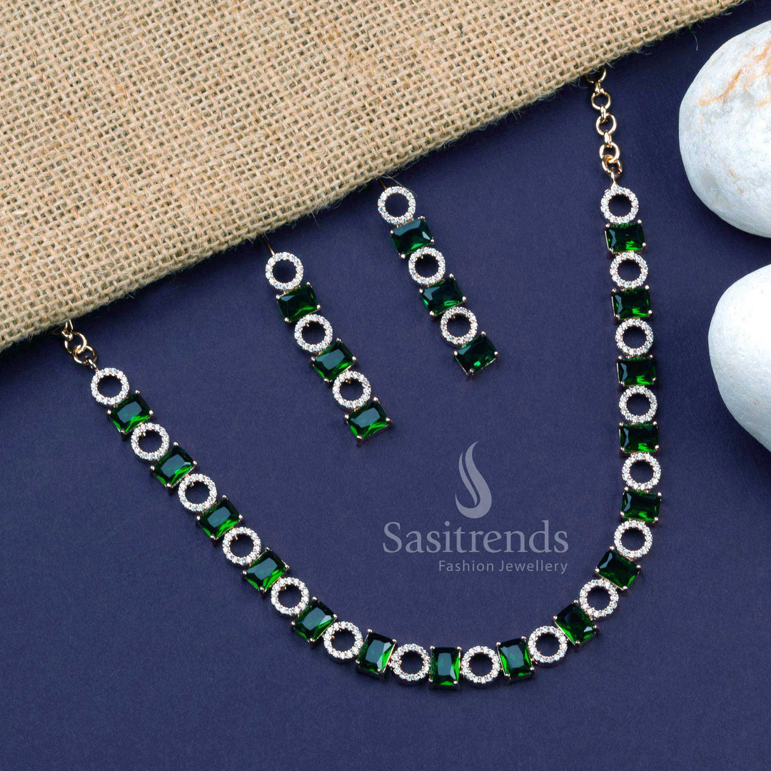 Green rose gold party wear jewellery set featuring American diamonds and bold floral glow, ideal for vibrant ethnic festivities – Sasitrends