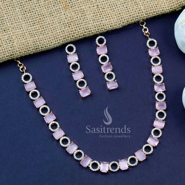 Pink rose gold jewellery set adorned with American diamond stones, offering romantic glow and elegance for special party occasions – Sasitrends