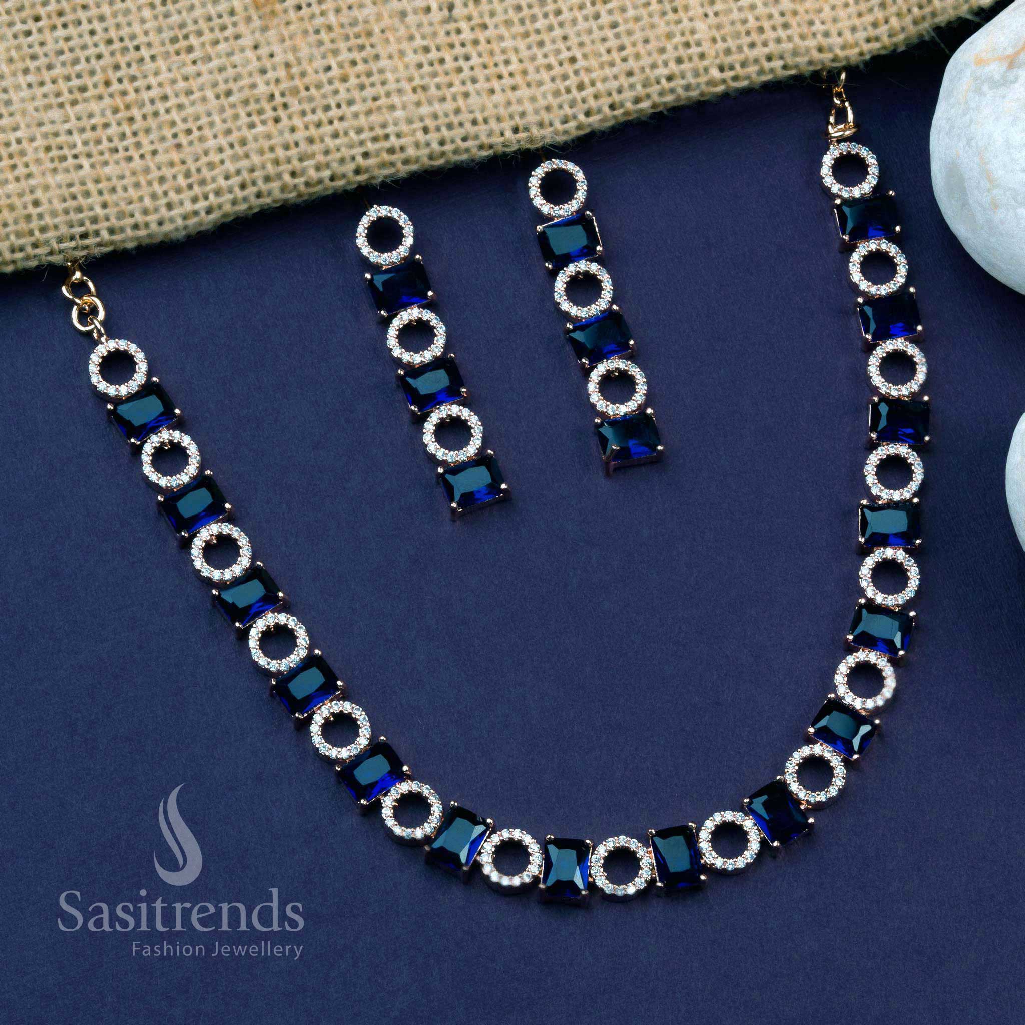 Bold blue rose gold jewellery set with floral American diamonds, exuding modern shine for luxury celebrations and festive nights – Sasitrends