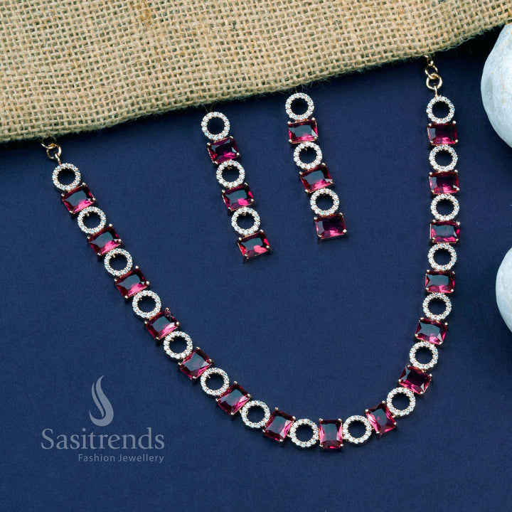Red floral rose gold plated jewellery set with shiny American diamonds, radiating regal Indian style and festive grandeur – Sasitrends