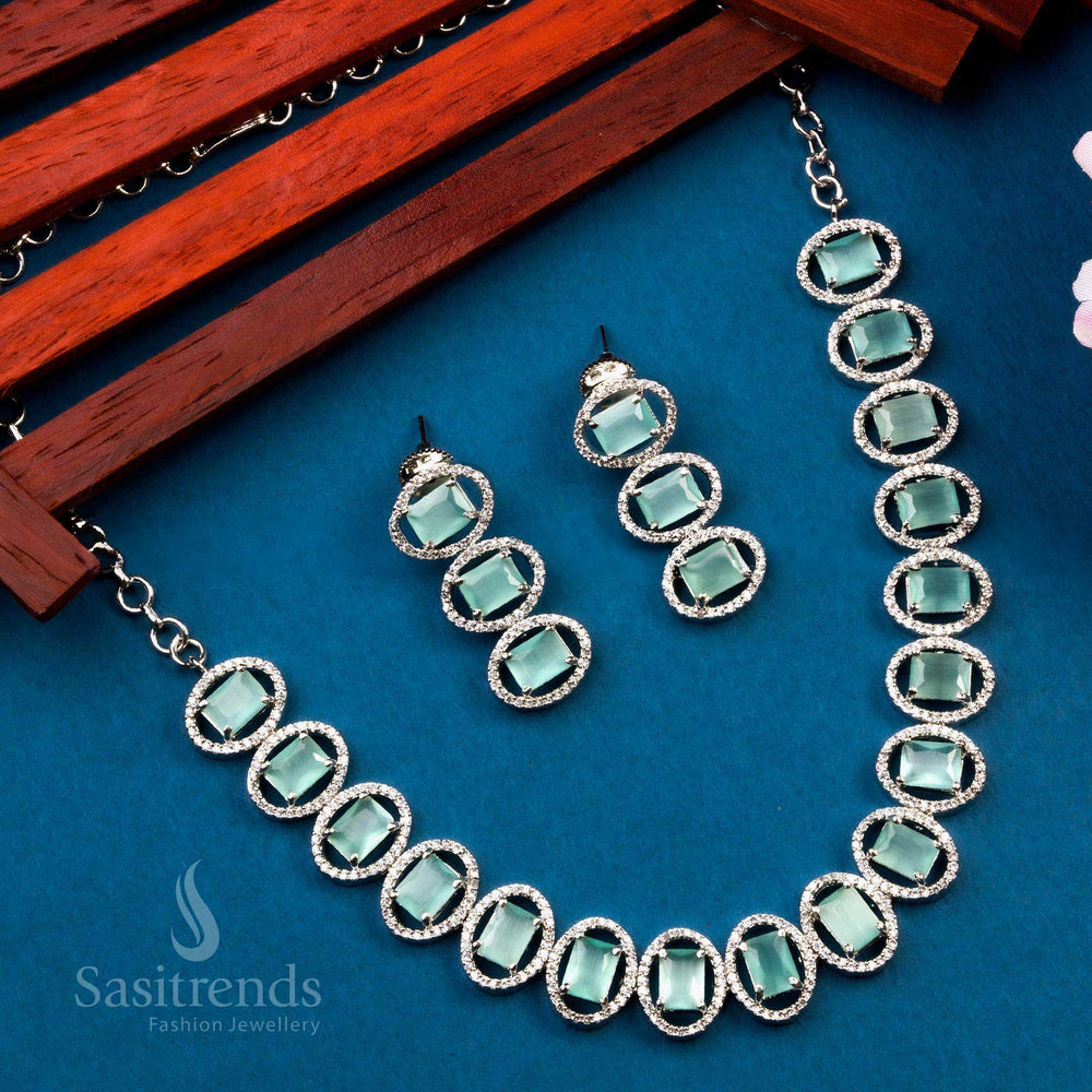 Chic Mint Stone Accented Necklace Set - Rhodium Silver Plated, AD Necklace with Earrings for Women  - Sasitrends