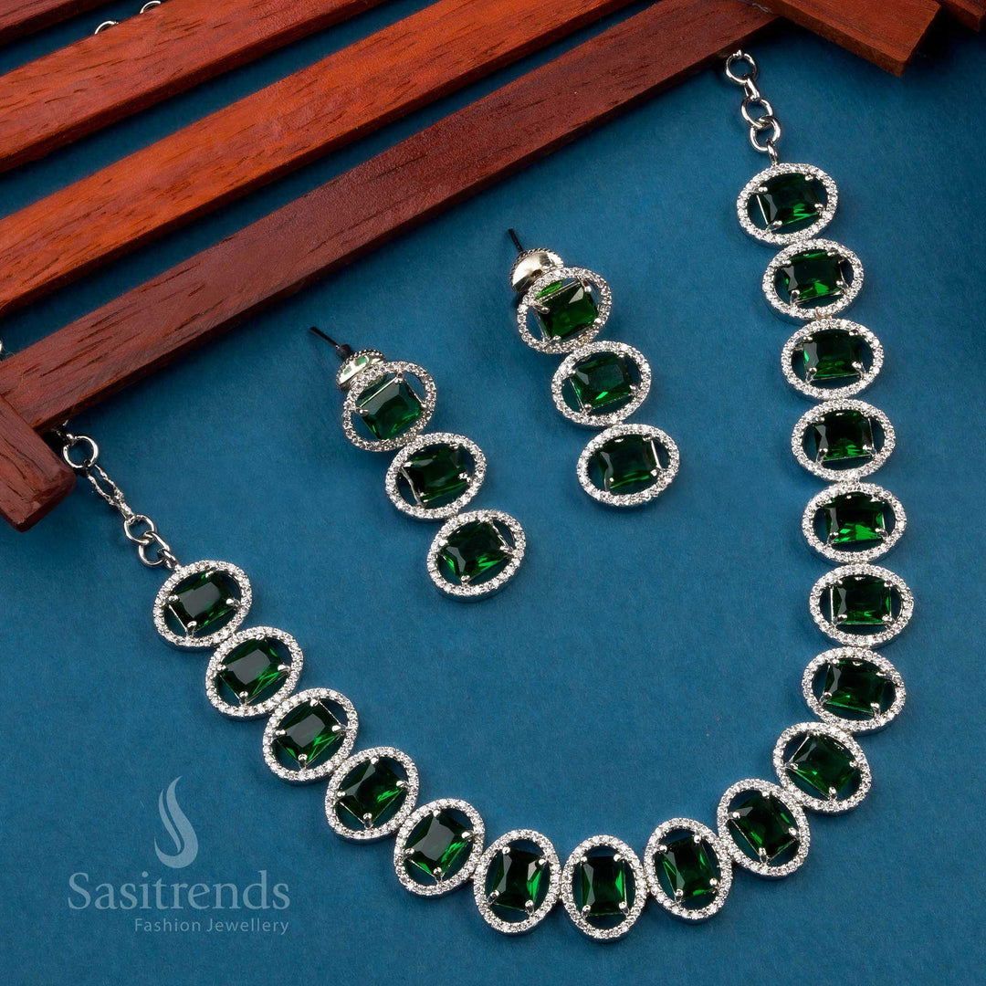 Elegant Party Wear Necklace Set with Green Stone Accents - Rhodium Silver Plated, AD Necklace with Earrings for Women