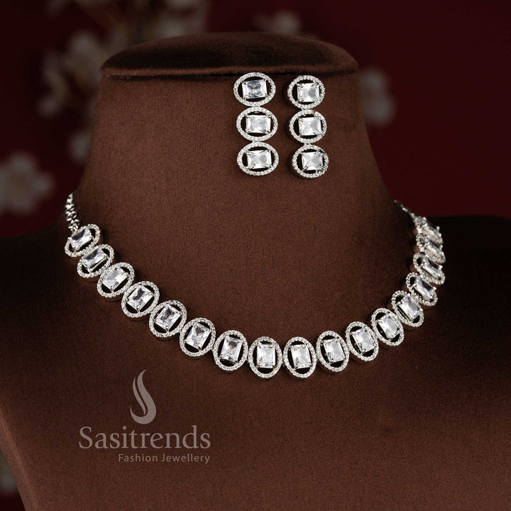 Elegant Party Wear Necklace Set with White Stone Accents - Rhodium Silver Plated, AD Necklace with Earrings for Women