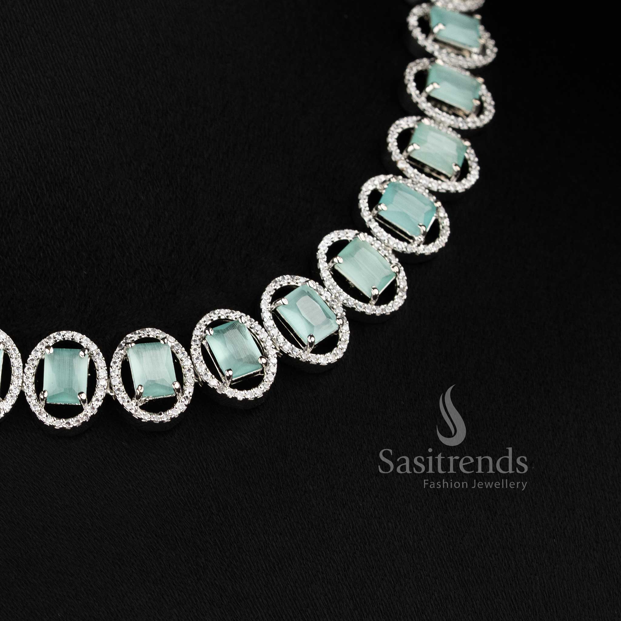 Elegant mint AD stone necklace set for parties and reception wear for women.
