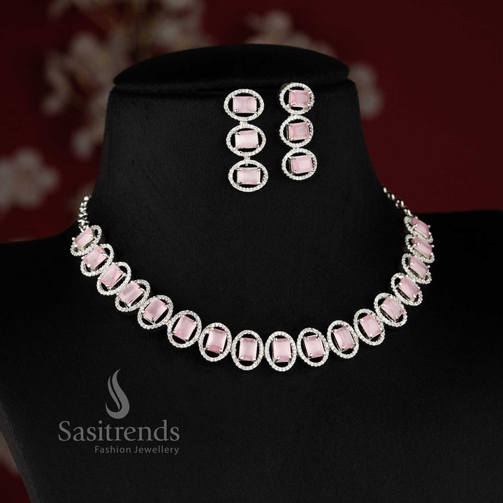 Elegant pink AD stone necklace set for parties and reception wear for women.