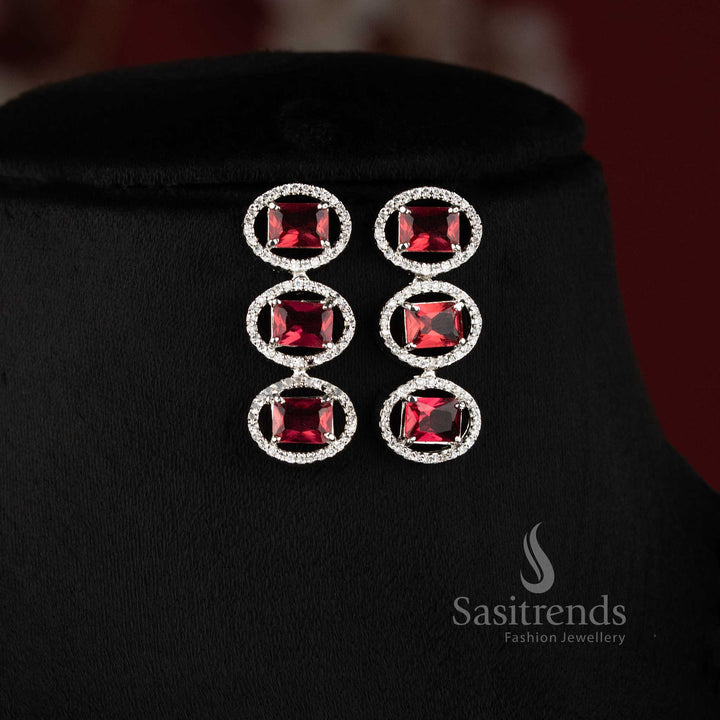 Bridal party wear rhodium silver red American Diamond necklace set with matching earrings.