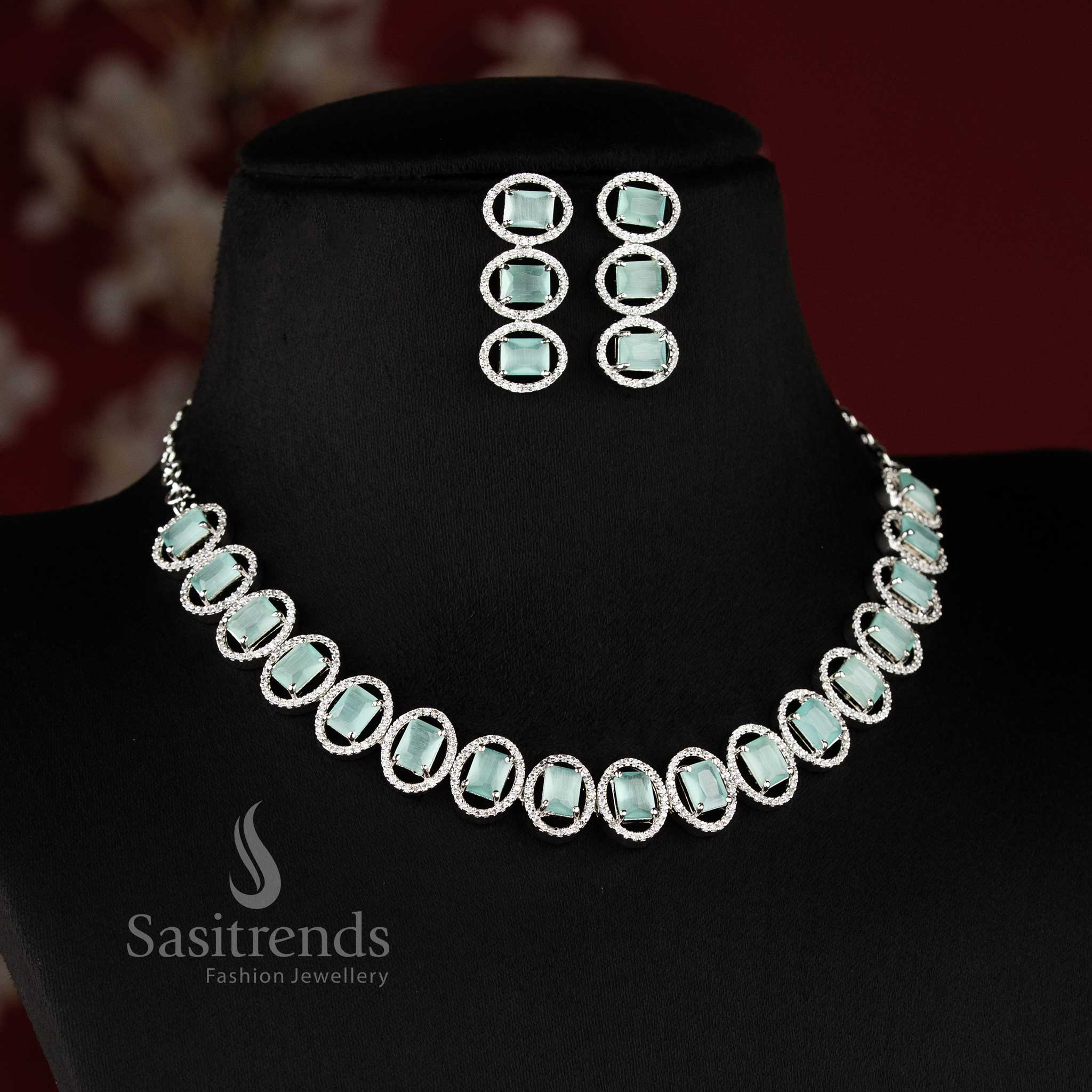 Elegant mint AD stone necklace set for parties and reception wear for women.