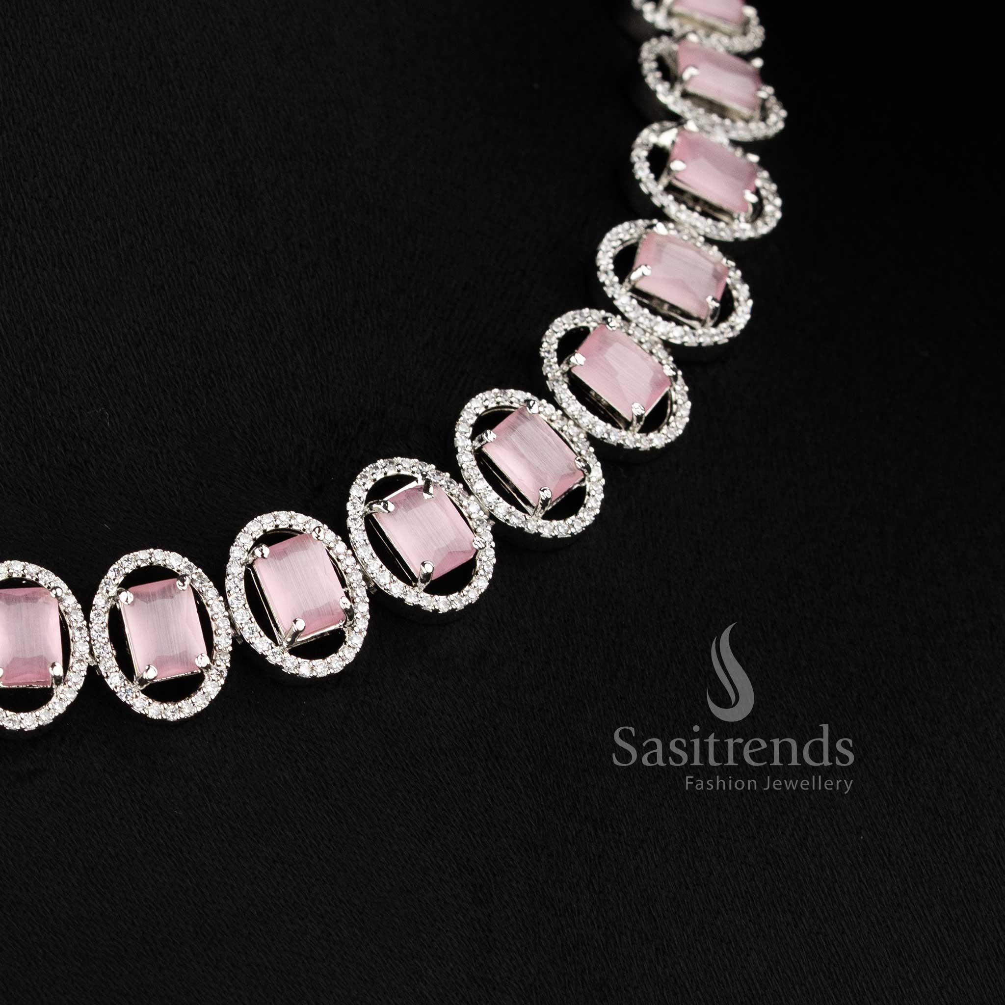 Elegant pink AD stone necklace set for parties and reception wear for women.