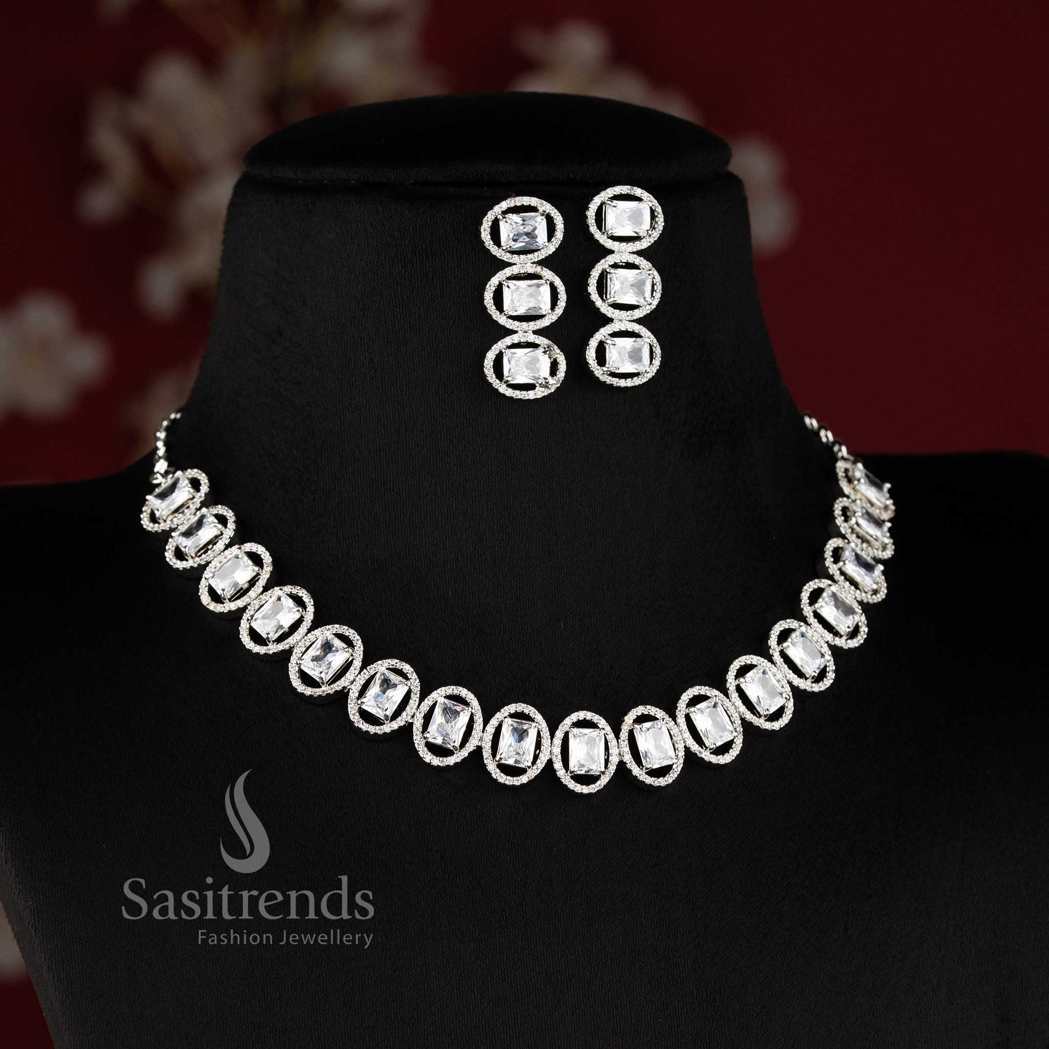 Rhodium silver plated American Diamond white stone necklace jewellery set by Sasitrends.