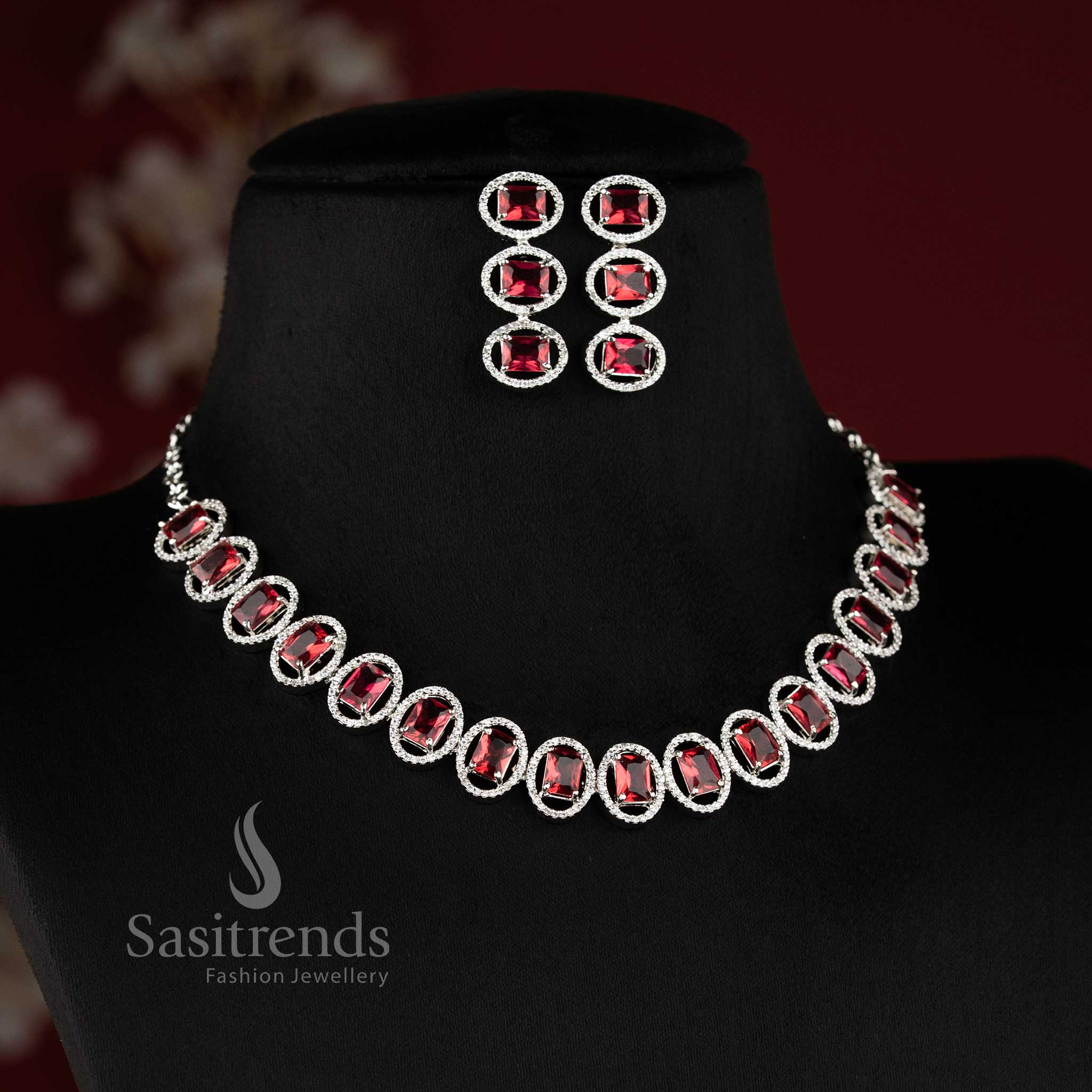 Bridal party wear rhodium silver red American Diamond necklace set with matching earrings.