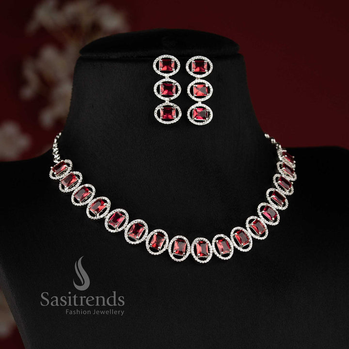 Bridal party wear rhodium silver red American Diamond necklace set with matching earrings.