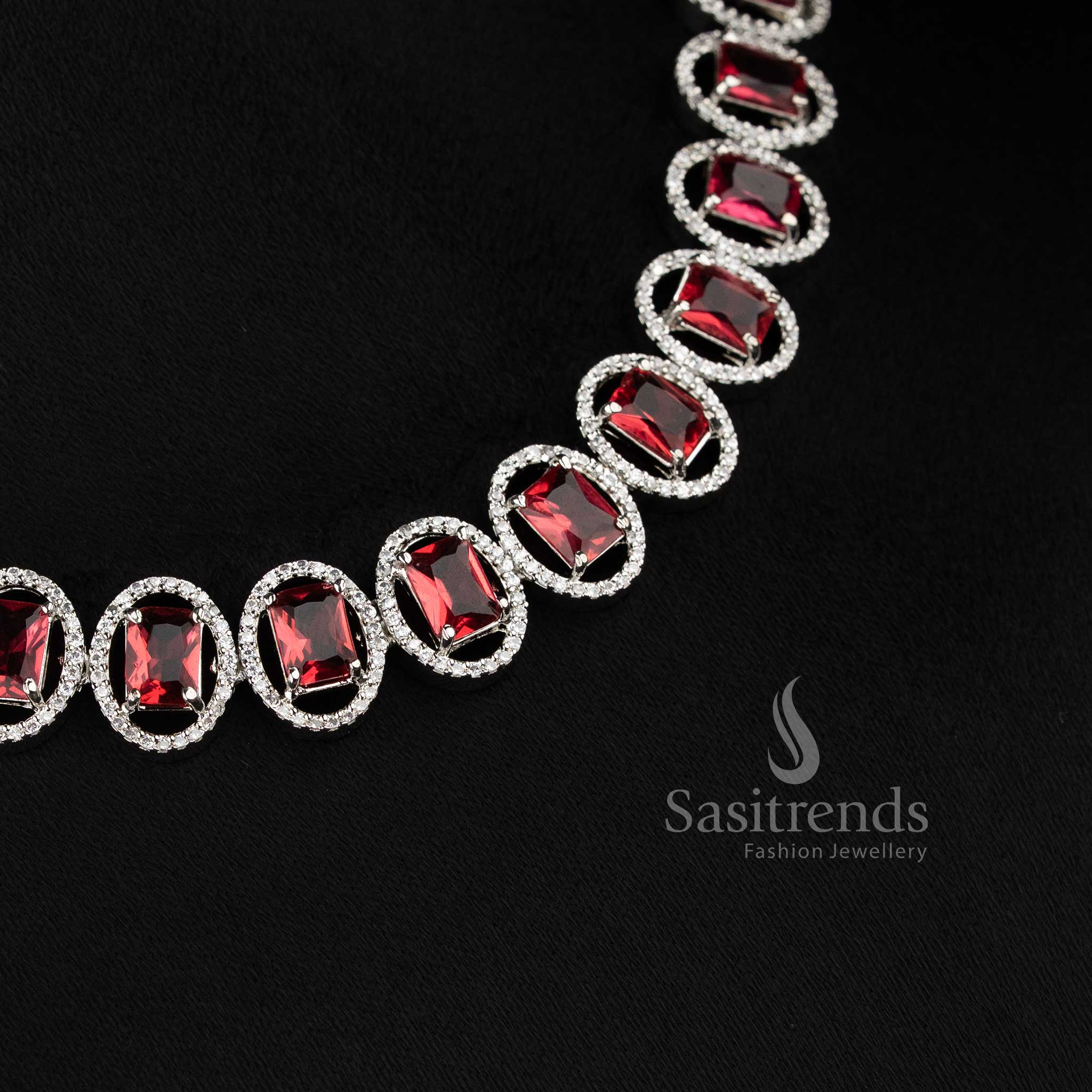 Bridal party wear Red American Diamond necklace set with matching earrings.