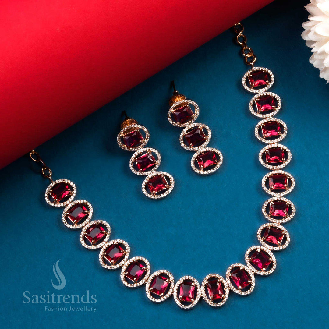 Exquisite Party Wear Rose Gold Plated AD Necklace Set with Earrings - Sasitrends