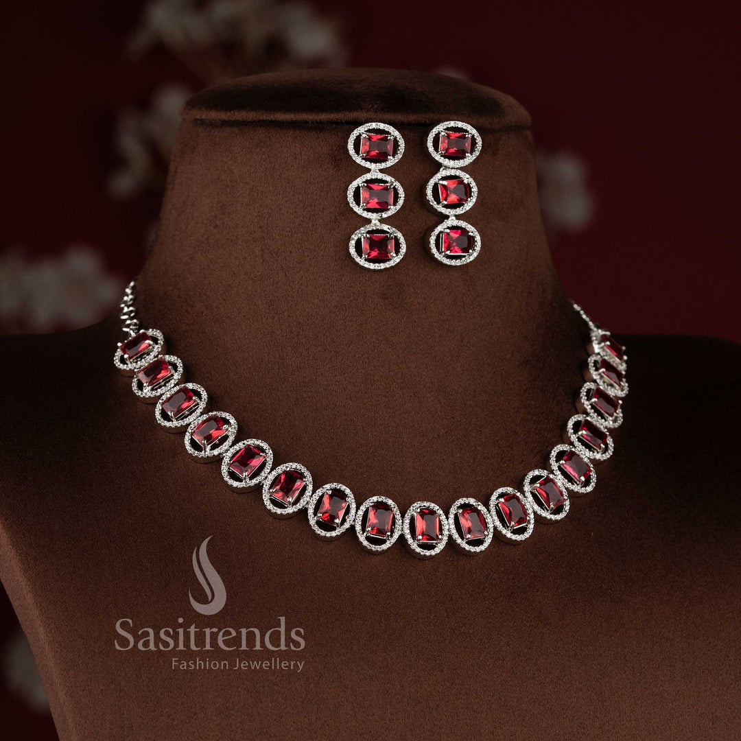 Elegant Party Wear Necklace Set with Red Stone Accents - Rhodium Silver Plated, AD Necklace with Earrings for Women