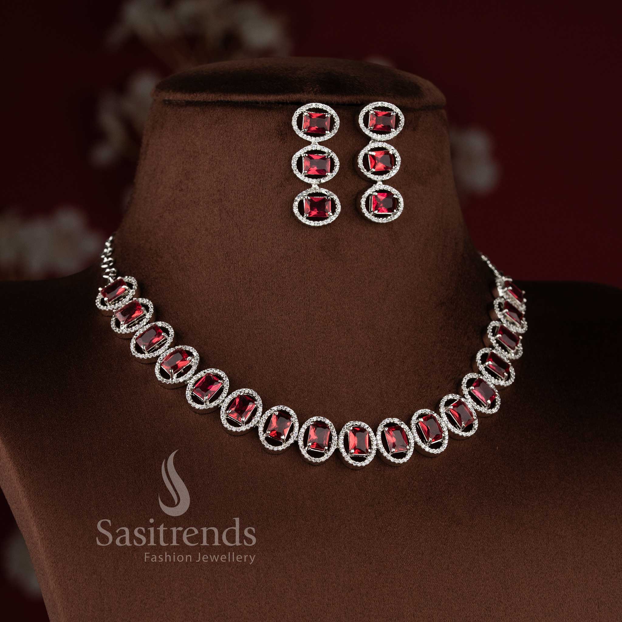 Elegant Party Wear Necklace Set with Red Stone Accents - Rhodium Silver Plated, AD Necklace with Earrings for Women