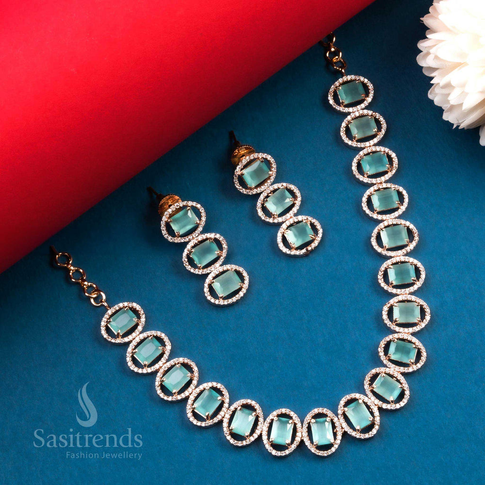 Stunning Party Wear Rose Gold Plated Necklace Set with Mint-Colored Stones - Trendy AD Necklace with Matching Earrings - Sasitrends