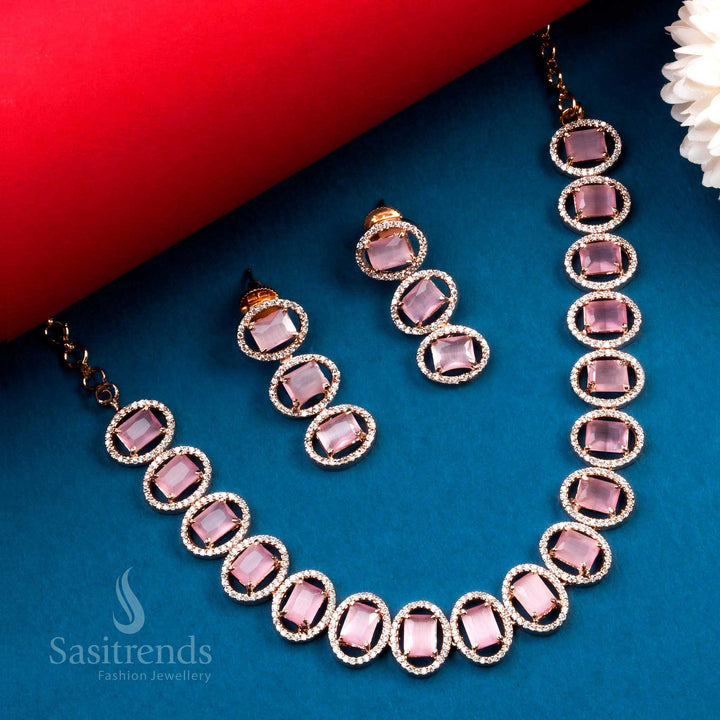 Stunning Rose Gold & Rhodium Silver Plated American Diamond Jewellery Set for Parties - | Sasitrends - Sasitrends