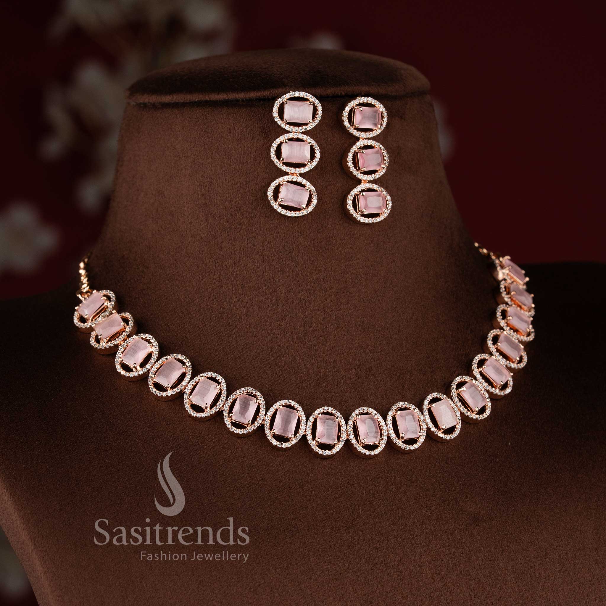 Stunning Rose Gold & Rhodium Silver Plated American Diamond Jewellery Set for Parties - | Sasitrends - Sasitrends