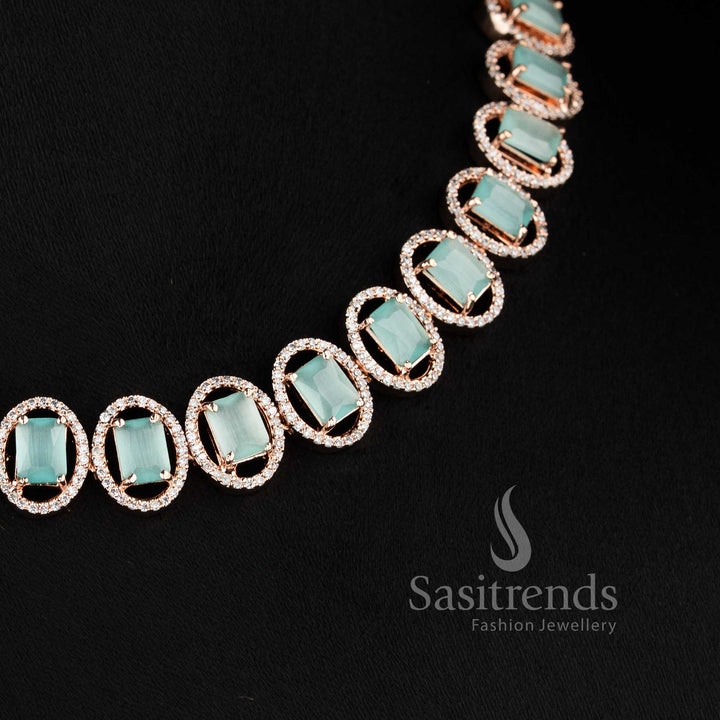 Bridal party wear rose gold mint American Diamond necklace set with matching earrings.