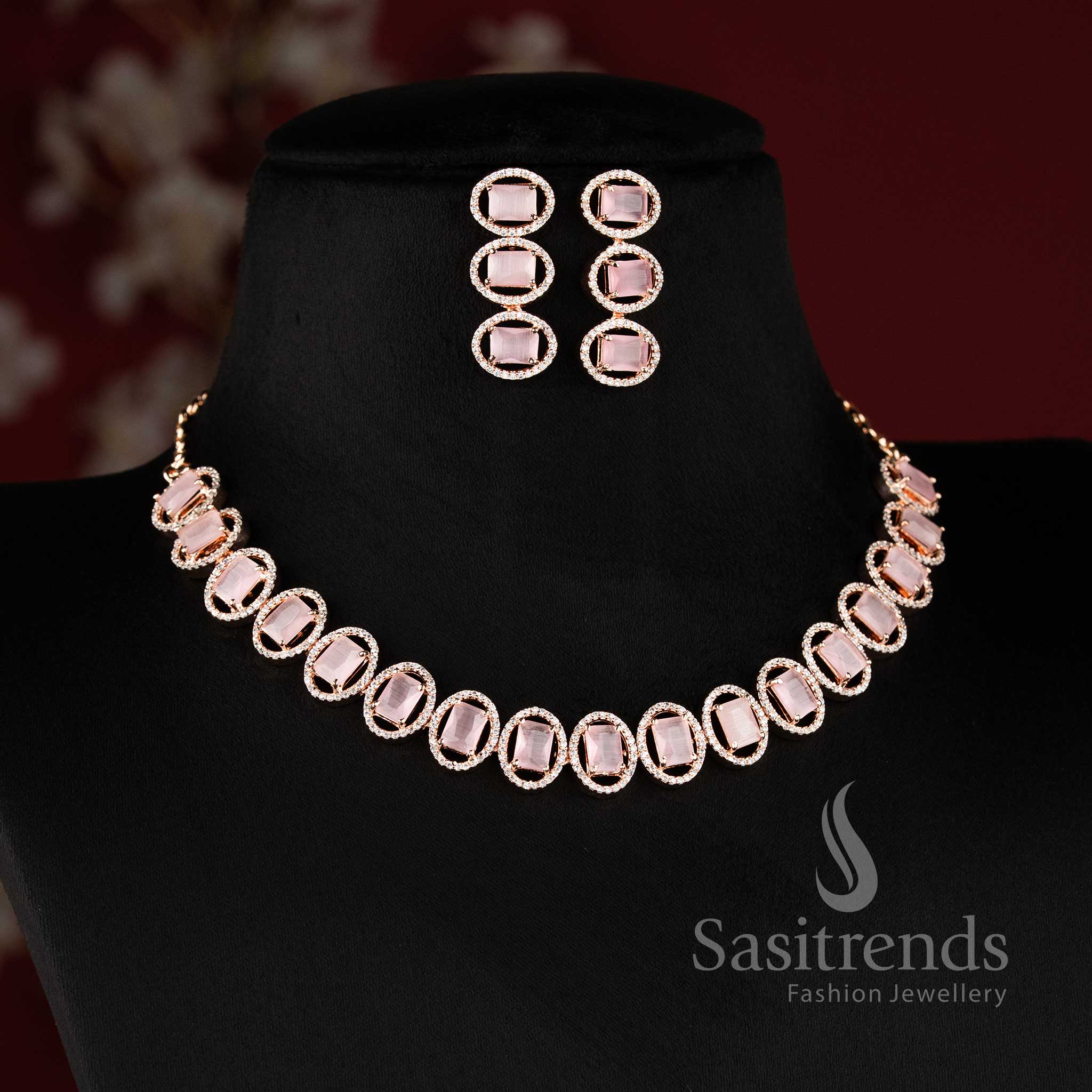 Rose gold plated American Diamond pink stone necklace jewellery set by Sasitrends