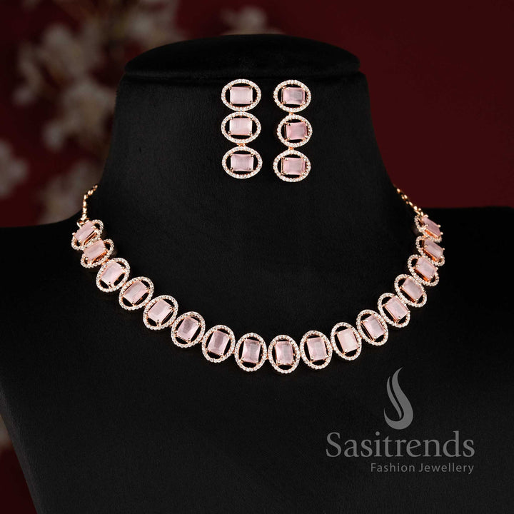 Rose gold plated American Diamond pink stone necklace jewellery set by Sasitrends