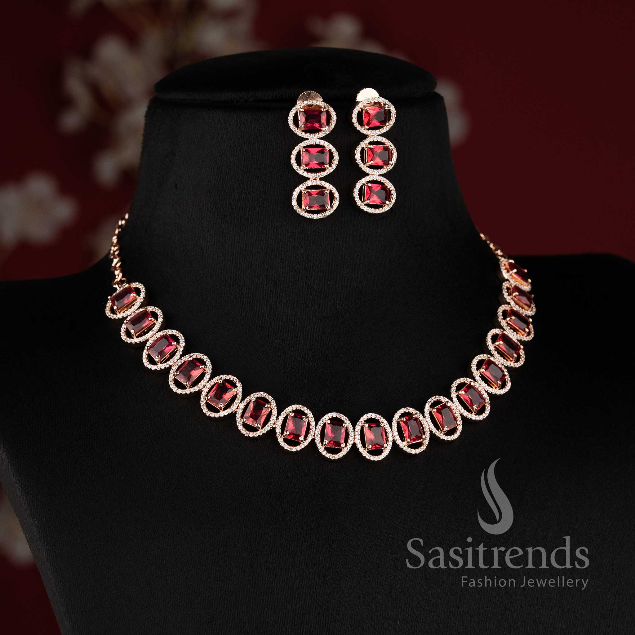Bridal party wear rose gold red American Diamond necklace set with matching earrings.