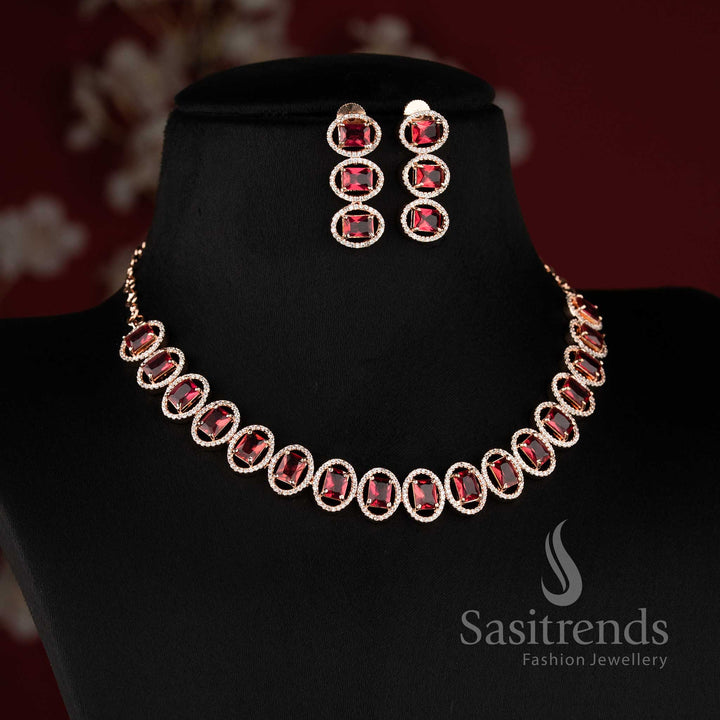 Bridal party wear rose gold red American Diamond necklace set with matching earrings.