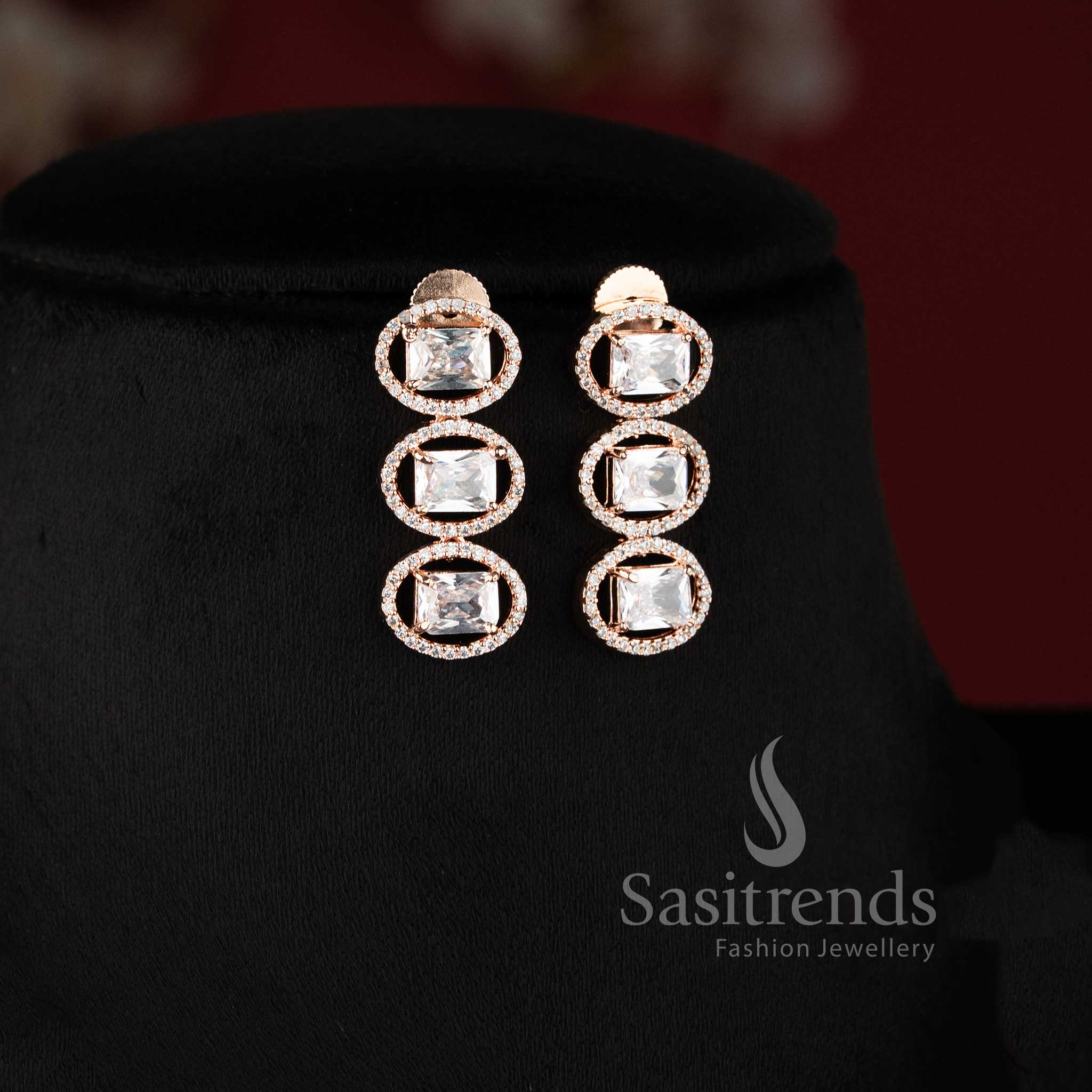 Bridal party wear rose gold white American Diamond necklace set with matching earrings.