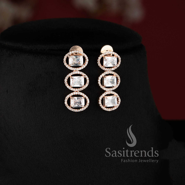 Bridal party wear rose gold white American Diamond necklace set with matching earrings.