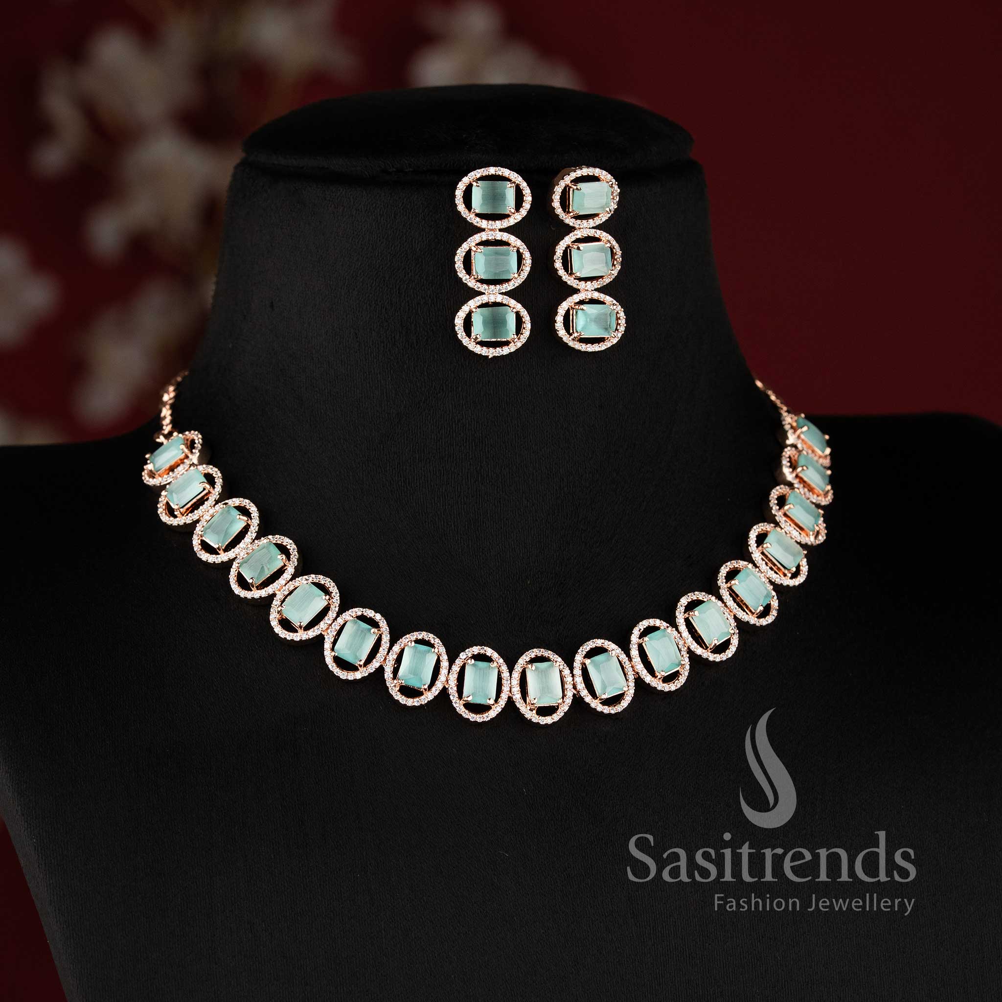 Bridal party wear rose gold mint American Diamond necklace set with matching earrings.