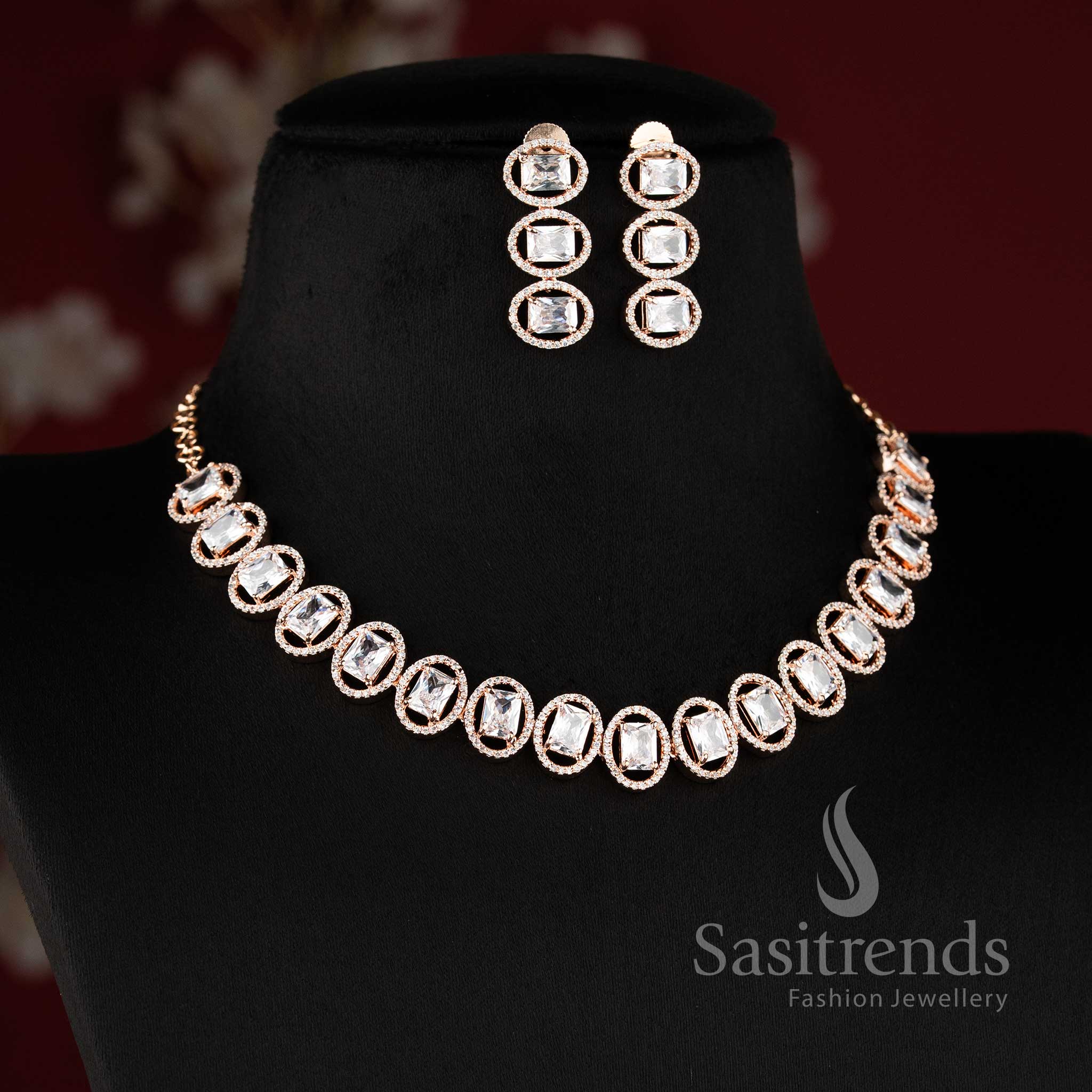 Rose gold plated American Diamond white stone necklace jewellery set by Sasitrends.