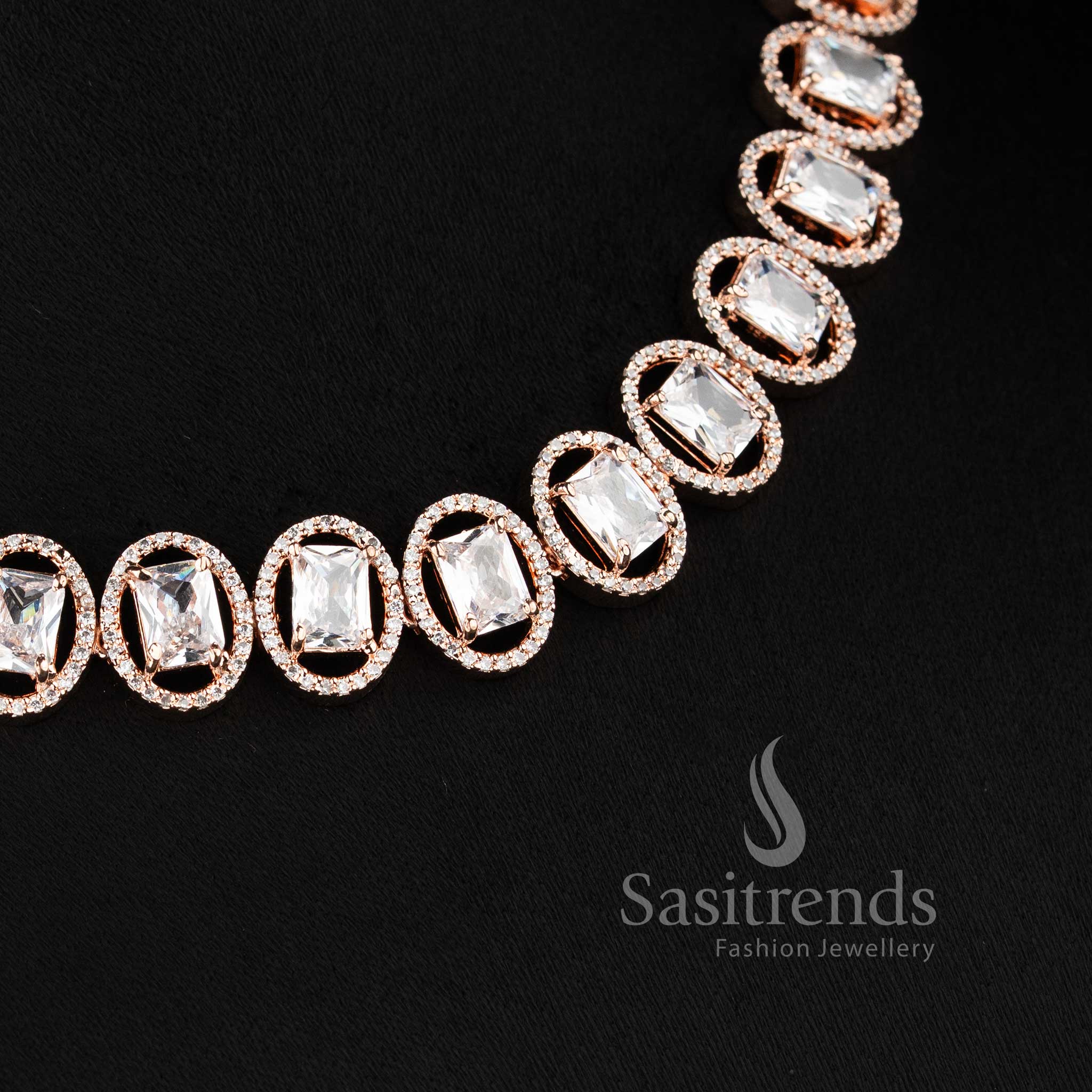 Bridal party wear rose gold white American Diamond necklace set with matching earrings.