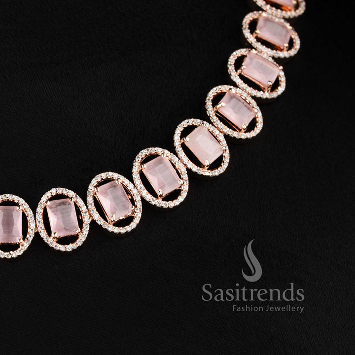 Bridal party wear rose gold pink American Diamond necklace set with matching earrings.