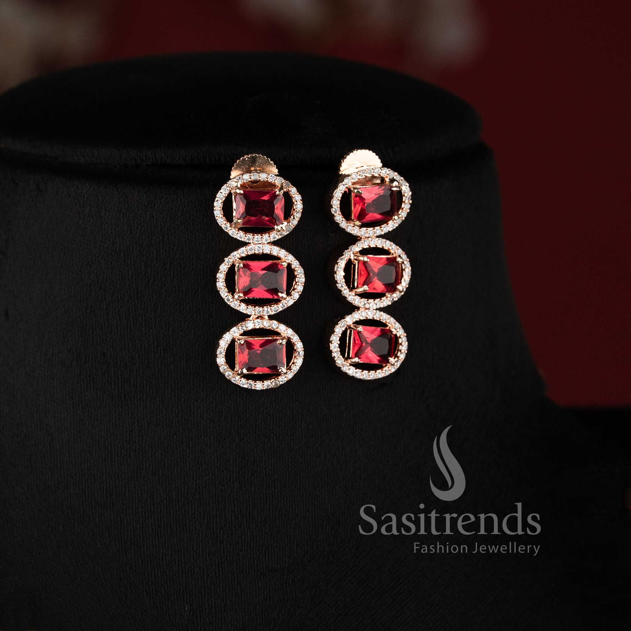 Elegant rose gold red AD stone necklace set for party and reception wear.