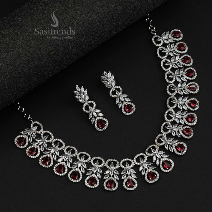 Stunning Rhodium Silver Plated Flower American Diamond Jewellery Set - Trendy Party Wear | Sasitrends
