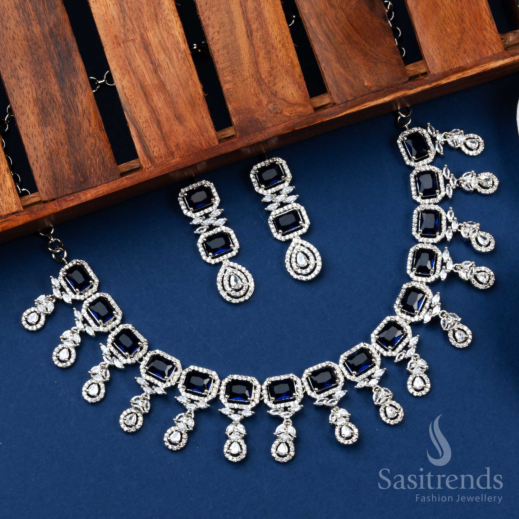 New arrival blue rhodium silver plated American diamond jewellery set with royal shimmer and trendy floral glow for party wear – Sasitrends