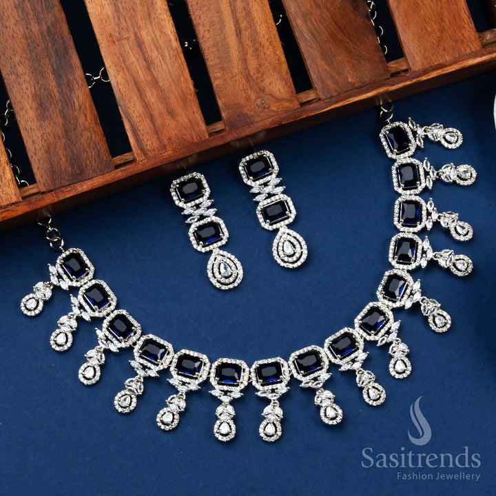 New arrival blue rhodium silver plated American diamond jewellery set with royal shimmer and trendy floral glow for party wear – Sasitrends