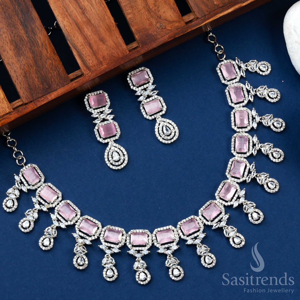New arrival pink floral American diamond jewellery set in rhodium silver finish, combining feminine style and party glamour – Sasitrends