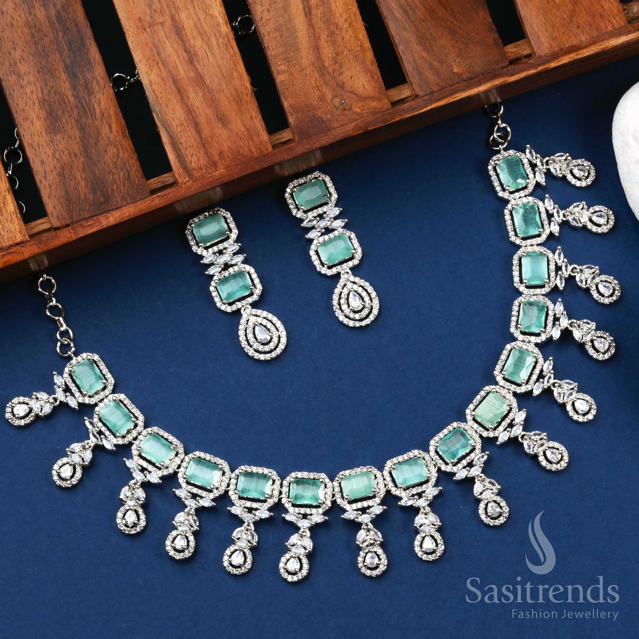 New arrival mint green rhodium silver floral American diamond jewellery set with soft pastel charm and a gentle party glow – Sasitrends